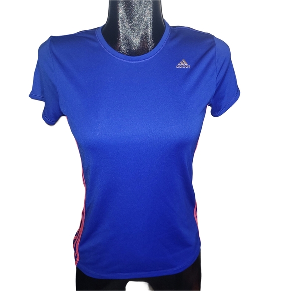 Adidas Blue T-Shirt With Pink Trim - Picture 1 of 6